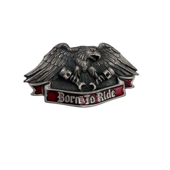 Born To Ride Eagle Belt Buckle Pewter Red Banner 4" x 2" Vintage Heavy Duty - Picture 1 of 4